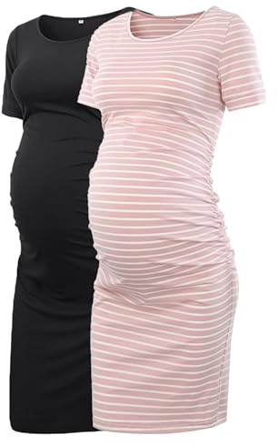 Liu & Qu Abito premaman aderente con increspature laterali, casual, con maniche corte e a 3/4, per uso quotidiano o baby shower, L
