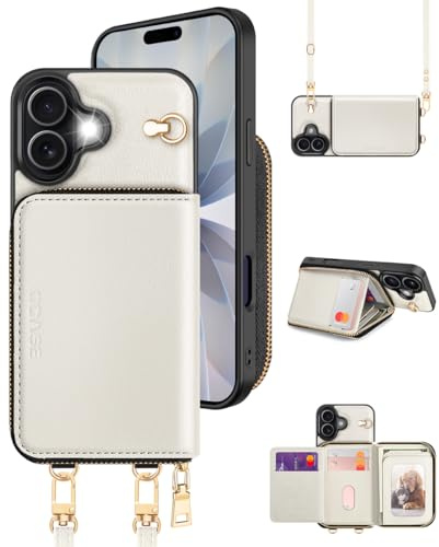 OCASE für iPhone 17 Hülle mit Band,Geldbörse Handyülle RFID-Blockierung PU-Leder, Kartenfächern und Handgelenkband Handykette Kompatibel für iPhone 17 Beige 6,3”
