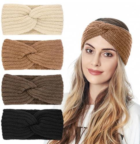 SYEYCW 4 Pcs Winter Headbands for Women, Knitted Headbands for Women's Hair, Crochet Knit Turban Winter Ear Warmer Headband, Thick Cable Headband, for Outdoor Activities or Daily Life, Gifts for Women