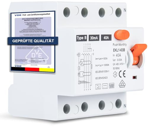 FI Schutzschalter Typ B 40A 30mA 4-polig, Allstromsensitiver RCD für Wallbox & Ladestation, Fehlerstromschutzschalter mit VDE Zertifizierung, DIN-Hutschiene Montage