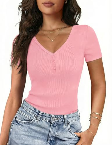Gyabnw T Shirt Donna Scollo a V con Bottoni Maniche Corte | Vestibilità aderente, design elegante e casual, per primavera estate e uso quotidiano