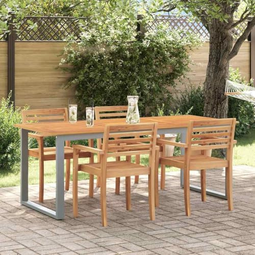 VIHHQGC Gartentisch Grau 160 x 80 x 75 cm Massivholz Akazie mit Stahlrahmen, Wetterfester Esstisch für Terrasse und Garten, Modernes Design, Langlebig und Stabil, Sofort Nutzbar