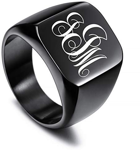VIBOOS Benutzerdefinierte gravierte Initiale Monogram Signet Ring für Männer Frauen Jungen Herren Ringe Edelstahl, Bündel mit Ringgrößeneinstellern (Schwarze Farbe)