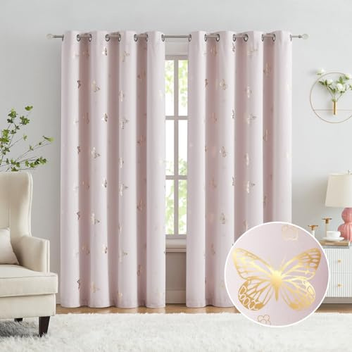 Jubilantex Rosa Weihnachts-Schmetterlings-Verdunkelungsvorhänge, 2 Paneele, 249 cm lang für Baby, Mädchen, Kinderzimmer, Schlafzimmer, Kinder, 90% Raumverdunkelungsvorhänge für Thanksgiving, Urlaub