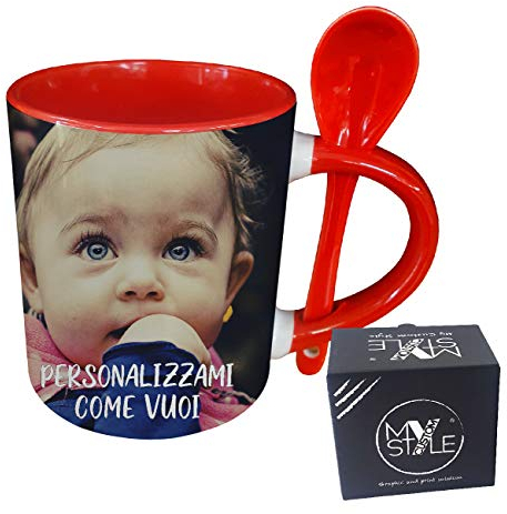 My Custom Style 12 Tazze Ceramica Personalizzate, Rosso-cucchiaino nel Manico