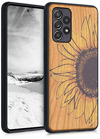 kwmobile Hülle kompatibel mit Samsung Galaxy A52 / A52 5G / A52s 5G Hülle - Holz Case - Handy Cover - TPU Handyhülle in Gelb Dunkelbraun Hellbraun Wood Sunflower