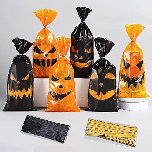 DOJoykey 120 Stück Halloween-Leckerli-Tüten, Kürbis-Zellophantüten mit Bändern, orange und schwarze Beutel für Halloween-Party, Süßigkeiten, Leckereien, Kekse, Geschenke