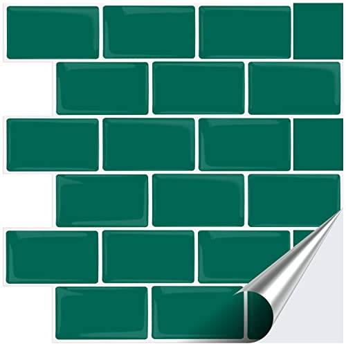 FoLIESEN 3D Fliesenaufkleber für Bad, Küche, Badezimmer - Fliesen-Folie selbstklebend - Grüner Ziegel, :32 Stück