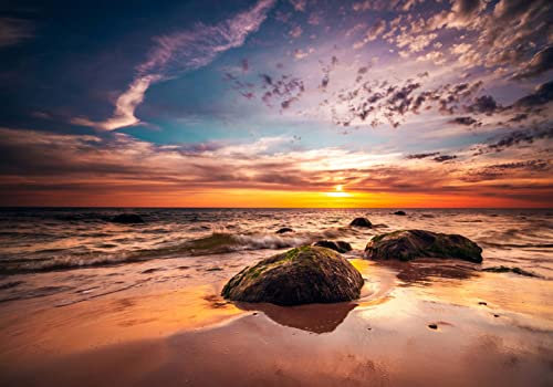 wandmotiv24 Fototapete Meer Strand Steine, XL 350 x 245 cm - 7 Teile, Wanddeko, Wandbild, Wandtapete, Himmel Sonne Sand Wolken M6816