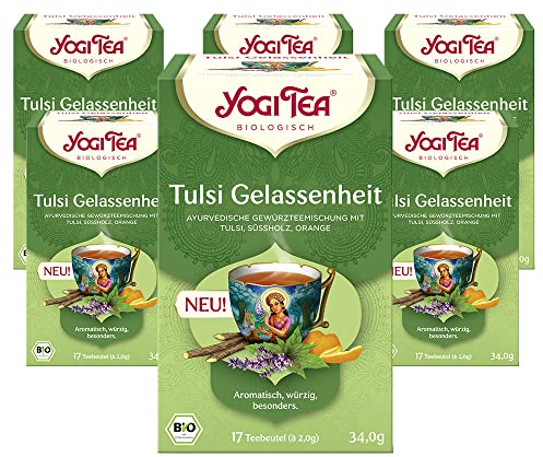 Yogi Tea - Tulsi Gelassenheit, Ayurvedischer Bio Kräutertee, von Natur aus koffeinfrei, Mischung aus Tulsi - heiligem Basilikum, Süssholz und Orange, Yogi Tee 6er Pack, 6x17 Beutel (102 Teebeutel)