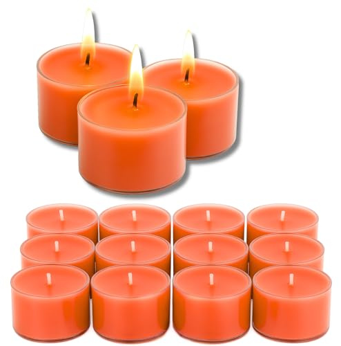 Candelo 12er Set XXL Duft Kerzen - Duftteelichter Winterorange - Jumbo Teelicht in Kunststoff Hülle - 8 Std Brenndauer - Große Teelichter in Orange