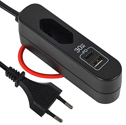 Electraline 62569 Tragbares Ladegerät 30 W, Stromversorgung mit 2 USB (1 Typ A + 1 Typ C PPS-Protokoll: max. 30 W) zum Laden aller Geräte, 1,5 m Verlängerungskabel, europäischer Stecker