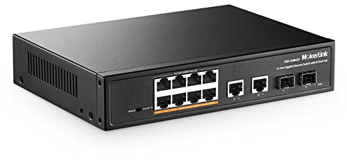 MokerLink 12 Port Gigabit PoE Switch, 8 GE PoE+, 2 GE Uplink, 2 Gigabit SFP, 120W 802.3af/at PoE, Fanless Plug & Play Ethernet Switch