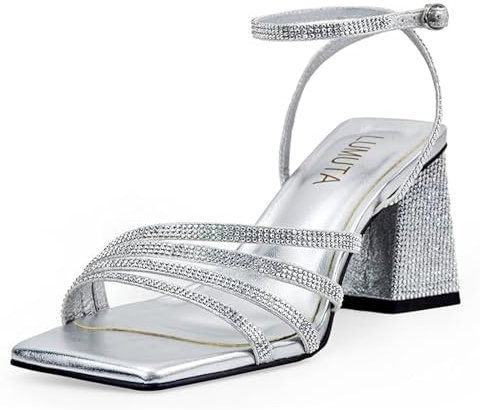 Sandalen Damen High Heels mit Strasssteinen Silver Glitzer Glitzer Peep Toe Sandaletten Damen mit Blockabsatz Pumps Blockabsatz Hochhackige Sommerschuhe Damen für Party Freizeit oder Hochzeit