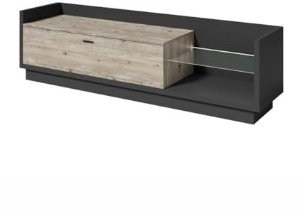 PRICE FACTORY just for you Meuble TV Cork Coloris Gris Anthracite et Aspect pin - 1 Grand tiroir, étagères en Verre avec LED