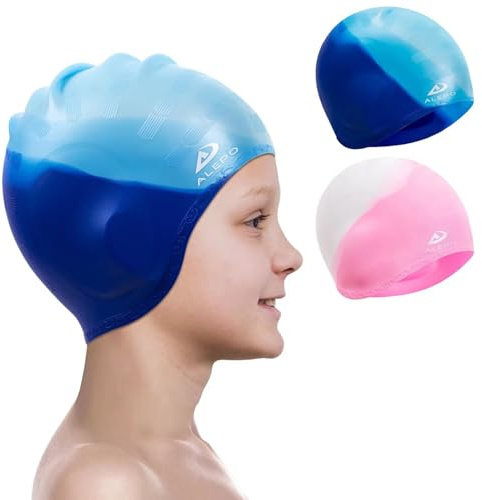 2 Pack Kids Swim Caps for Boys Girls, Durable Silicone Swimming Cap with 3D Ear Pockets for Age 3-15 Toddler Child Youth Teen, Unisex Swim Bath Hats for Short/Long Hair with Ear Plugs Nose Clip-5