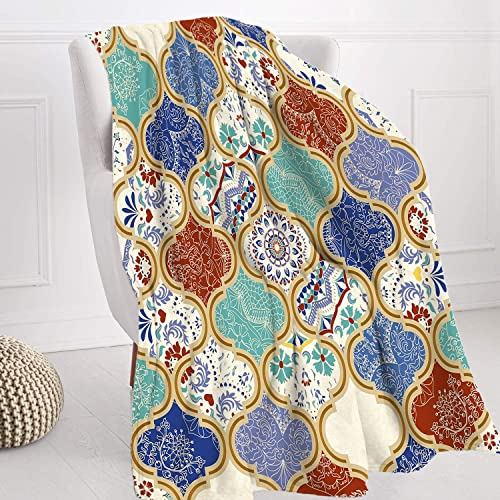 BaoNews Moroccan Trellis Soft Throw Blanket,Turquoise Patchwork Islam Arabic Indian Warm Lightweight Blanket Washable Bed Throws for Adult Sofa Bed Bedroom Living Room Dorm Room,200X150cm