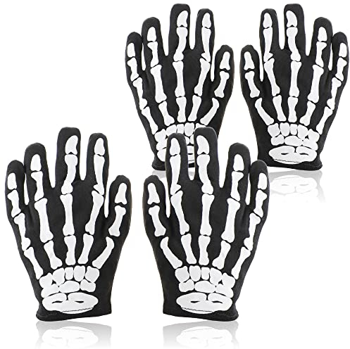 com-four® 2 Paar Skelett-Handschuhe in schwarz für Kinder - gruselige Knochen-Handschuhe in Einheitsgröße für Karneval, Halloween, Cosplay - Gerippe-Hände für Mottoparty (2 Paar - Kinder 01)