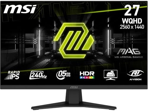 MSI MAG 274QFDE X24 27-Zoll-WQHD-Gaming-Monitor, 2560 x 1440 Rapid IPS, 240 Hz, 0,5 ms, HDR-fähig, AMD FreeSync™ Premium, Eye Care, AI-Vision, HDMI 2.0b, DP 1.4a, neigbar, Vesa-Halterung, schwarz