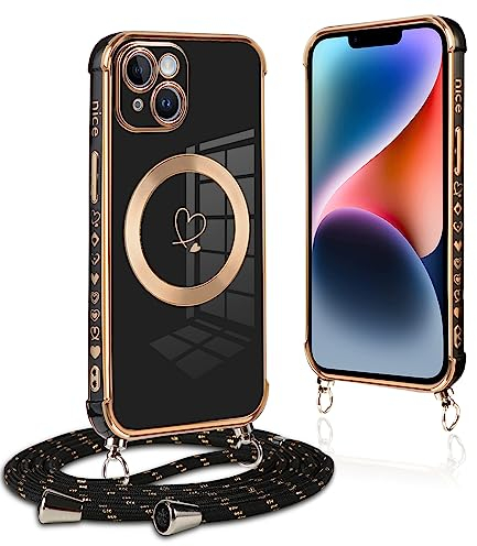 Pnakqil Coque Magnétique pour iPhone 14 Con Cordon, Compatible avec MagSafe, Silicone Housse avec Motif Coeur d'amour Réglable Collier Lanyard, Antichoc et Anti-Chute Etui pour iPhone 14 6.1, Noir