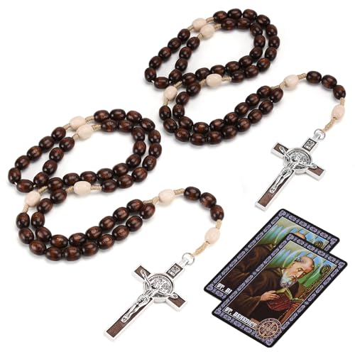 Rosenkranz-Perlen, katholisch für Damen und Herren, 2 Stück, orthodoxe Rosenkränze, Kruzifix-Halskette mit Heiliger Benedikt-Medaille, Gebetskarte, handgefertigtes Holz-Rosenkranz, katholische