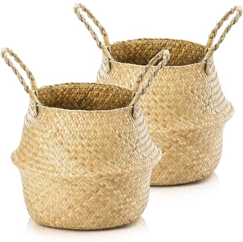 Duscdesp 2pcs Seagrass Storage Baskets Woven Basket With Handle,Plant Pot Basket Foldable Toy Laundry Belly Basket,Round Storage Basket for Shelves (XXXL 45×36)