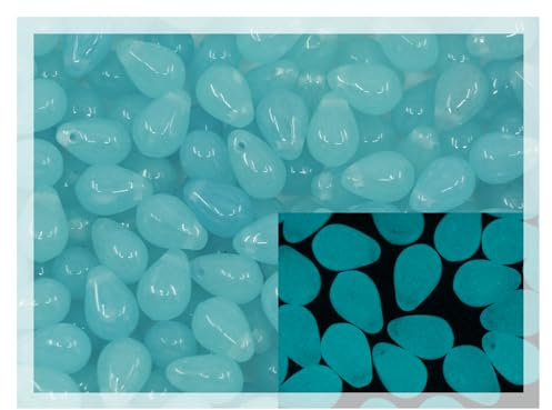 Czech 50-Piece Glass Beads, 6x9mm, Teardrop Dirty Turqiuiose - Glow in the Dark Bright Blue