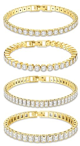 Dochais 4 Stück Tennis Armband Damen Gold, Diamant Armband Damen, Armband Zirkonia, Glitzer Armband Damen, Armband Damen Strass für Frauen Mädchen Ehefrau Mutter Schmuck Geschenk 17.5cm