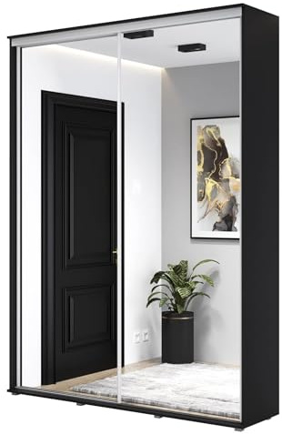 Meble Slupia - ZUZA 2 Garderobenschrank - Kleiderschrank mit Spiegel und Schiebetüren - 110x242x45cm - Kleiderstange Schrank - für Schlafzimmer, Flur - Laminierte Platte, Schwarz