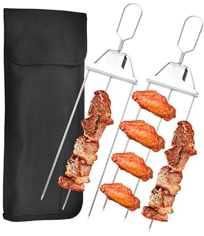 3 Way Grill Skewers, Skewers for Kabobs, 3-Prong BBQ Skewer, BBQ Grilling Skewers for Outdoor, Easy to Use Push Bar Slider, Stainless Steel Grill Skewers for Meat, Chicken, Sausages, Veggies (C)