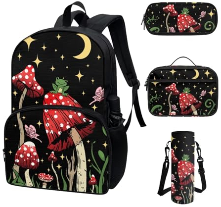 COEQINE Zaino Kawaii per la scuola, 4 pezzi, per adolescenti, ragazze, scuola superiore, con tasca per bottiglia d'acqua, portapranzo, astuccio per matite, Fungo Rosso Carino Rana Luna Nero