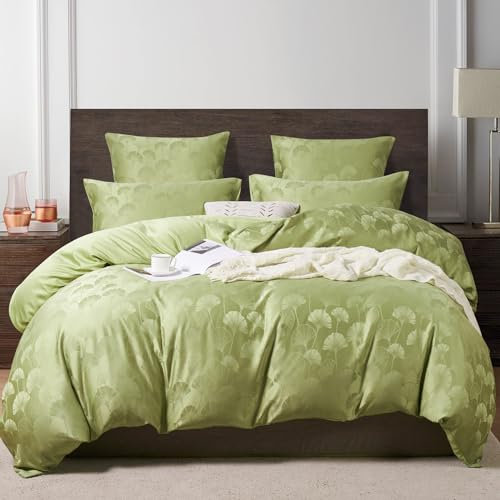 YASMENG Satin Bettwäsche 135x200 Grün Blätter Ginkgo biloba Jacquard Bettwäsche Satin Glänzend Deluxe Bettbezug Set Weich Seidig Seide Bettwäsche 2teilig mit Reißverschluss und 80x80 cm Kissenbezug