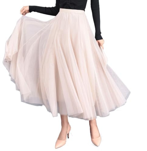 Tüllrock Damen A-Linie Elastischer Hoher Bund Midirock Mesh Großer Saum Langer Rock Elegant Faltenrock Sommerrock,Aprikose