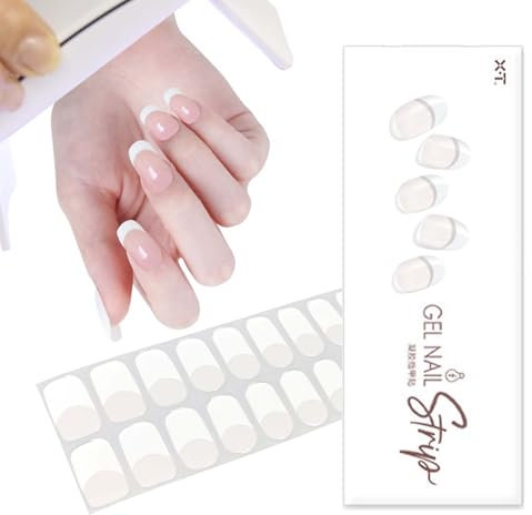 French Semi Cured Gel Nail Strips - 20PCS Gel Nail Stickers - French Tip Soft Self-Solid White Gel Nail Strips - UV/LED Lamp Required Self Adhesive Nail Wraps Easy Apply DIY Home