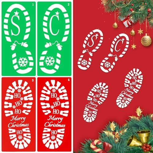VEYLIN Weihnachtsmann Fußabdruck, 4 Stücke Weihnachtsmann Fußabdrücke Schablone,Wiederverwendbare Weihnachtsmann Stiefel Drucke，Christmas Mystery Fußabdrücke, Boden, Wanddekoration