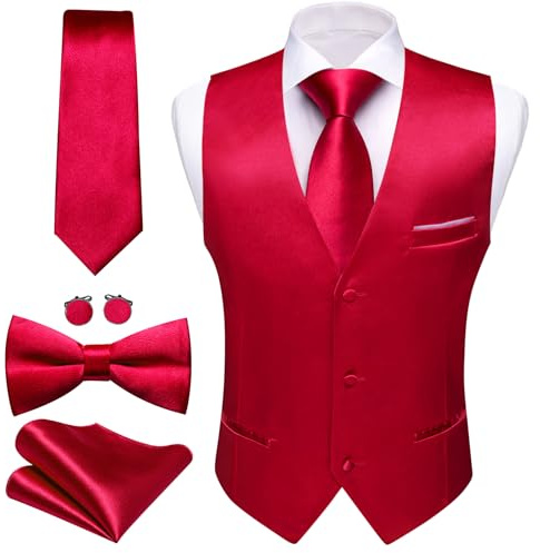 Barry.Wang Herren-Weste, formelle Business-Anzug, schmale Passform, lässig, einfarbig, Kleid, Weste, Krawatte, Fliege, Set, Hochzeit, Party, rot (a), Large