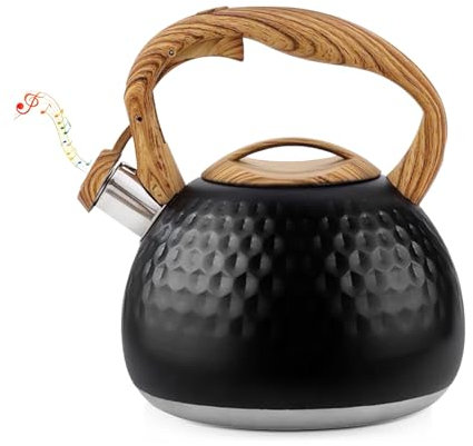 KunpengZen Bouilloire Sifflante, Bouilloire Vintage Inoxydable avec Poignée Grain Bois Maximum 2,6 L, Sifflet Théière Induction Plaque Vitrocéramique, Gaz, Electrique pour Faire du Thé et du Café