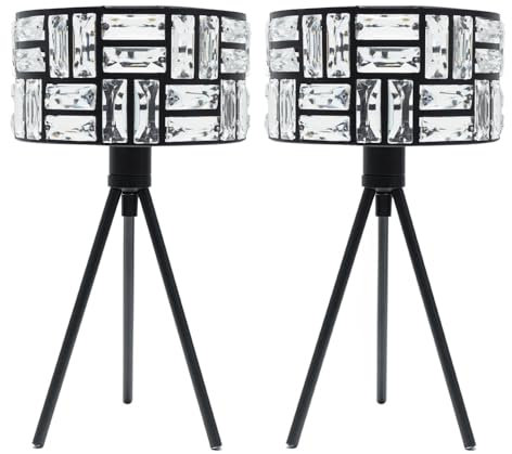 Pair of - Black Tripod Table Lamp with Clear Acrylic Jewel Drum Lampshade Living Room Bedside Light