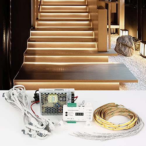 Inscrip LED-Treppenstufenbeleuchtung, 12V/24V 16 Schritte RL-STEP-05 Dynamisch LED Treppenbeleuchtungssteuerung Komplettset mit 100W Netzteil und COB Lichtleiste, Hauptstrecke (Warm White 2700K)