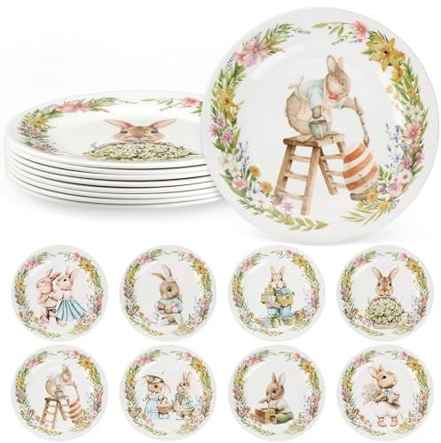 LOYIM 8 Pcs Easter Salad Plates Bunny Dishes 8 10 Melamine Easter Dinnerware Sets Assorted Designs Ceramic-like Spring Rabbit Plates for Dinner Salad Dessert Birthday Party Supplies(8 Inch)