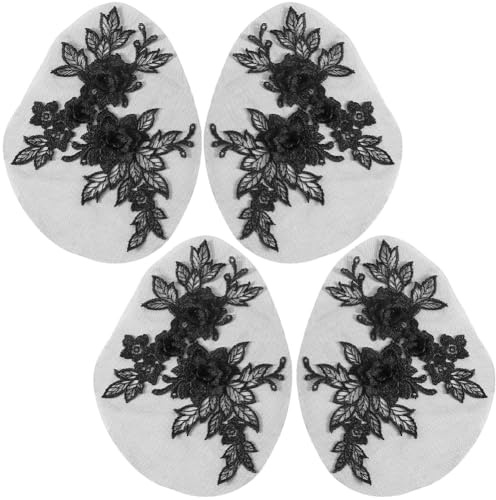 CABODYALS 4 Stück Spitzen Blumen Applikation Schwarz Vintage 3D Blumenstickerei Applikationen Polyester Einfarbig Bestickt Zum Aufnähen Auf Tüll Flicken Zum Nähen Basteln Kleider Stoff Hochzeit Party