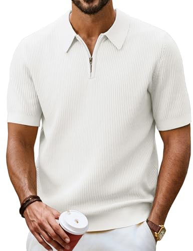 PJ PAUL JONES Mens Polo Shirts Short Sleeve Quarter Zip Shirt Golf Tshirts | Breathable Knitted Polos for Summer,Ribbed Textured