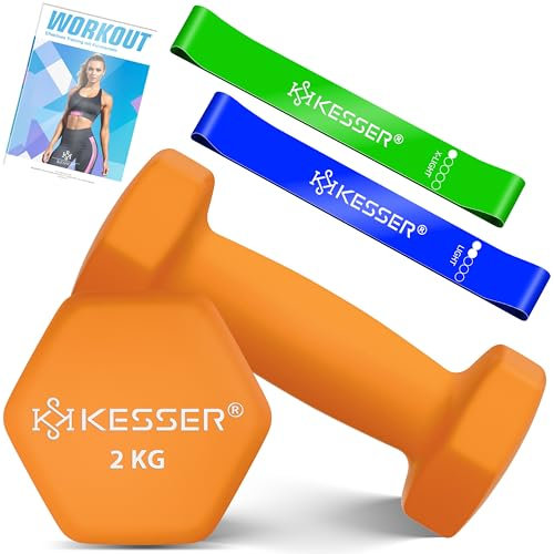 KESSER® Hanteln Hantelset 2er Set 2kg - 5kg farbig, Kurzhanteln Neopren, Hexagon, Krafttraining, Workout, Fitnesstraining, für Zuhause Mit Übungsheft, 2x Fitnessbänder