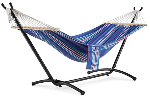 VonHaus Hammock with Stand - Freestanding 1 Person Striped Hammock Seat with Steel Frame - Polycotton Material & Adjustable Frame for Garden - Travel Bag for Beach, Camping & Outdoors - Blue Stripe