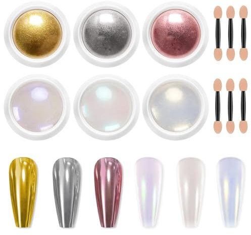 DMQ Chrome Nail Powder Set, 6Pcs White Mermaid Pearl Powder, Silver Rose Gold Metallic Nail Pigment Powder Mirror Effect, Aurora Iridescent Glazed Donut Nail Glitter for Art Design Decoration