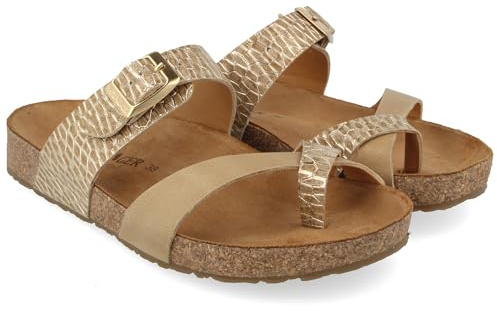 HAFLINGER Bio Juno Leder Pantolette Sandale Korkfußbett Unisex Gold (1782), Gr 38