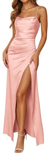 Robe Longue Femme en Satin élégante Dos Nu Fendue Spaghetti Sangle Couleur Unie Swing pour Bal Mariage Cocktail Robe de Soirée Longue Mariage Party Dress Décontractée
