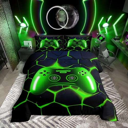 Homewish Gaming Bettwäsche 155x220 Grün Gamer Bettbezug für Kinder Jungen Teenager,Dunkelblau Sechseckigem Waben Gamepad Muster Bettwäscheset Videospielkonsolen Bettset Schlafzimmerdekor Mikrofaser