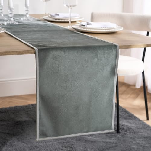 OHS Coffee Table Runner, Decorative Table Runners for Dining Table Stylish Piped Trim Design Dining Room Kitchen Decoration Centrepiece Runner, Charcoal/Silver - 35 x 230cm
