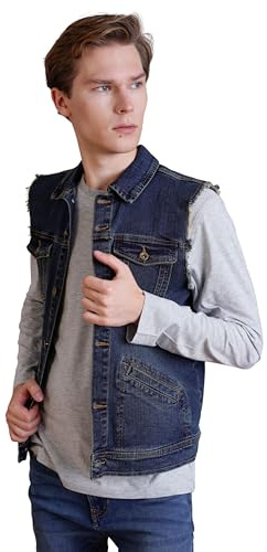 Enorsia Mens Sleeveless Denim Jacket Regular Fit Stretch Jean Vest, Mid Indigo & Light Blue Wash Button-Up Front Raw-Cut Armholes Casual Layering Vest Perfect jacket for men